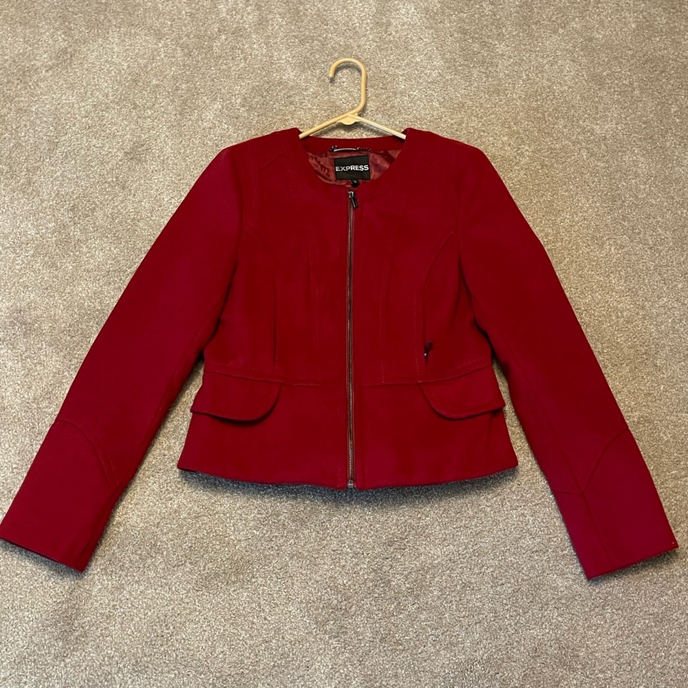 Like New, Express red zip up blazer jacket. Peplum look. Size Medium. Must have